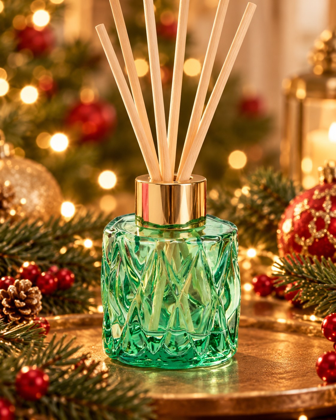 Χριστουγεννιάτικο αρωματικό χώρου reed diffuser ΕσωΦως σε πράσινο γυάλινο μπουκάλι