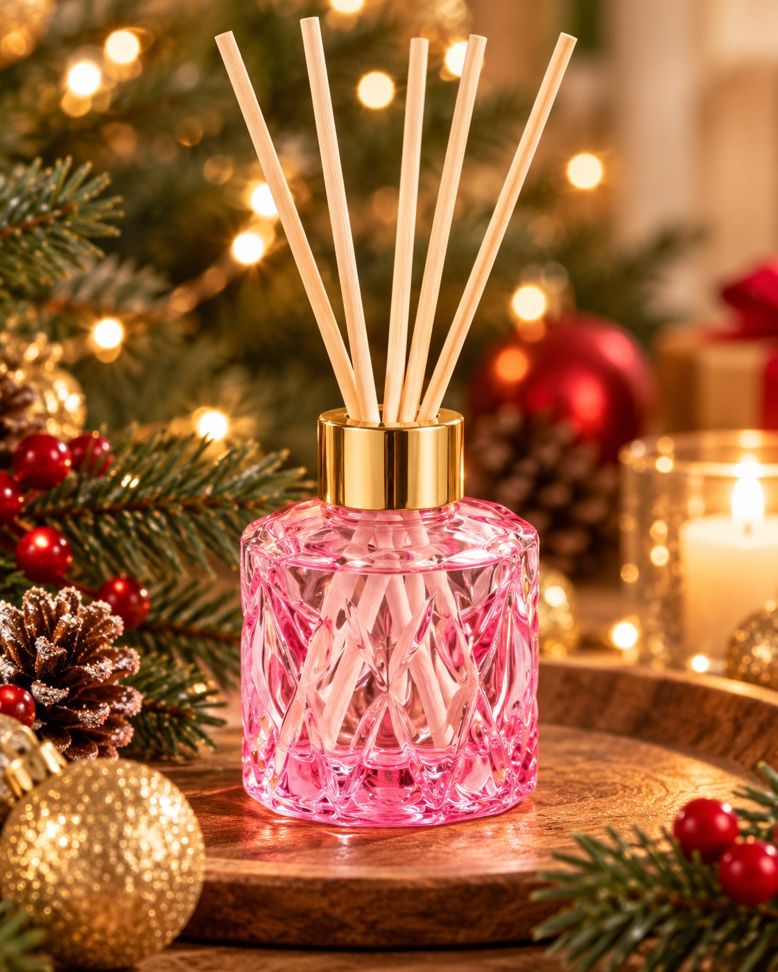 Χριστουγεννιάτικο αρωματικό χώρου reed diffuser ΕσωΦως σε ροζ γυάλινο μπουκάλι