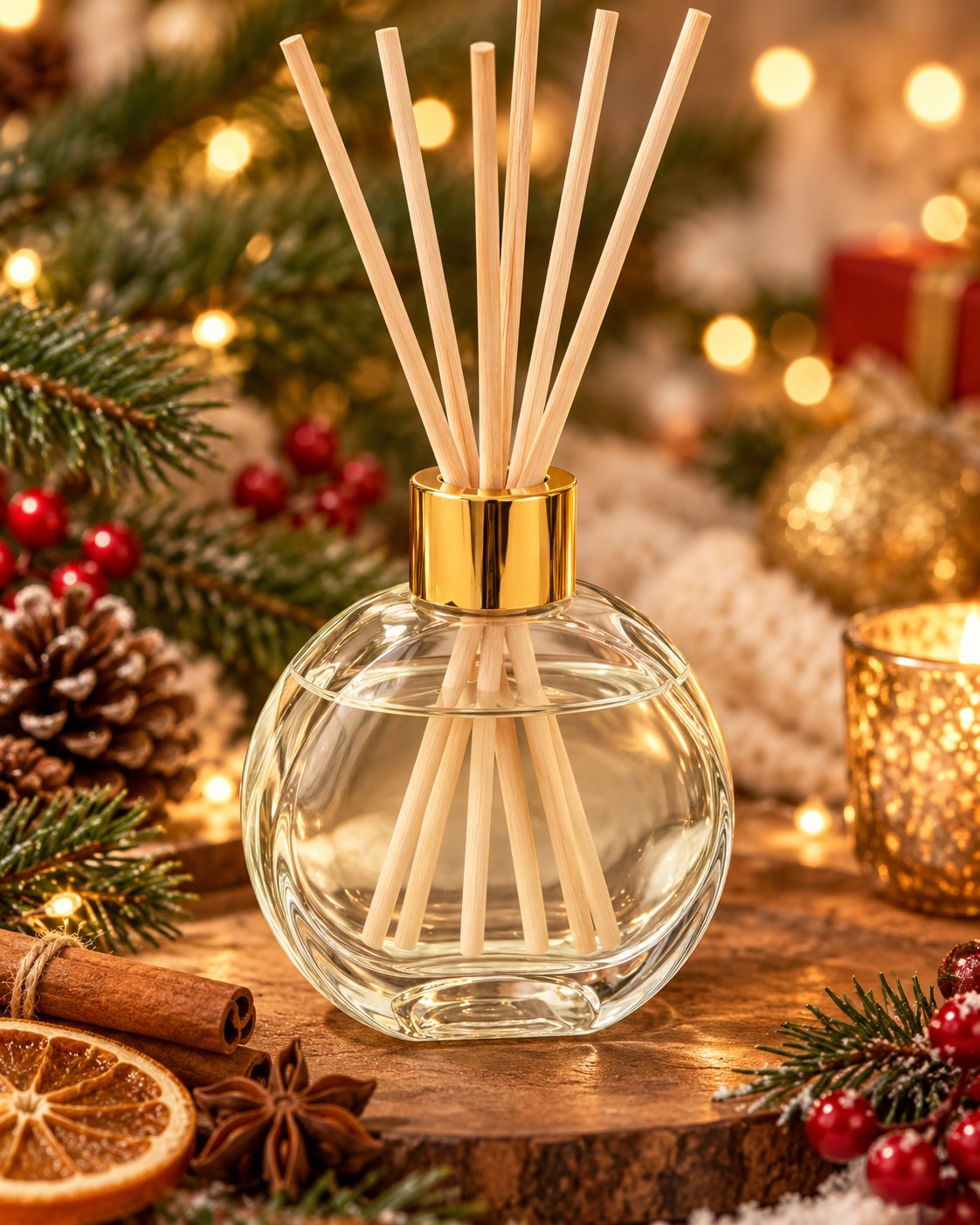 Χριστουγεννιάτικο αρωματικό χώρου reed diffuser ΕσωΦως σε στρογγυλό γυάλινο μπουκάλι 70ml
